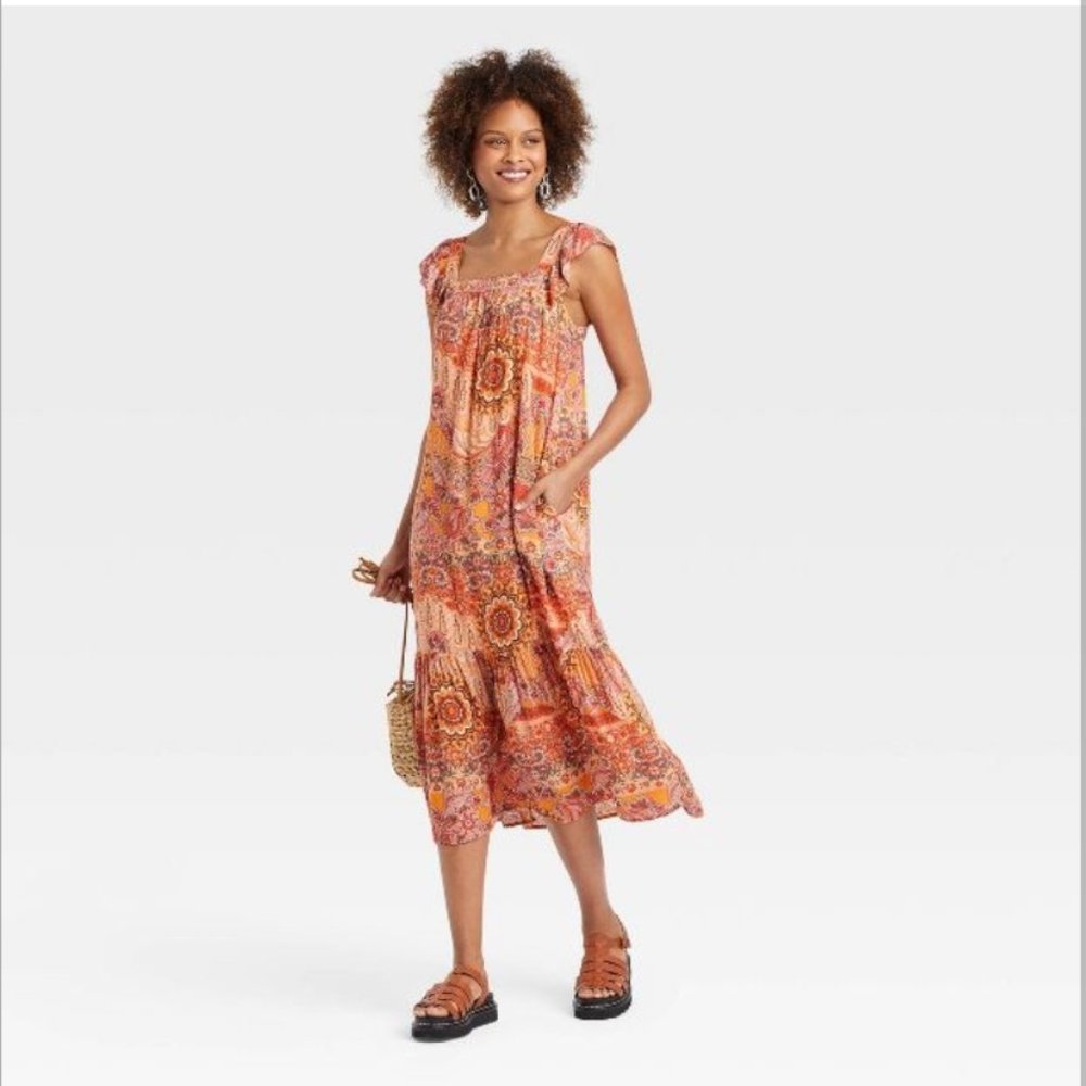 Women's Flutter Short Sleeve A-Line Dress - Knox Rose™Yellow Paisley Size L NWT
